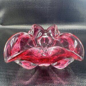 Hand Blown Bohemian Cranberry Art Glass Dish Bowl Folded Edges Original Sticker
